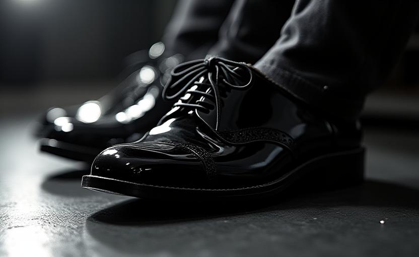 Polished vinyl-black patent leather tuxedo shoes